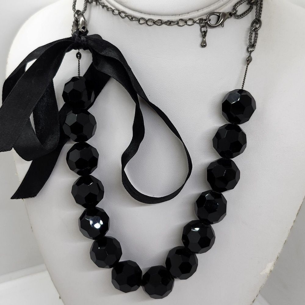 Chunky Black Glass Bead Satin Bow Necklace